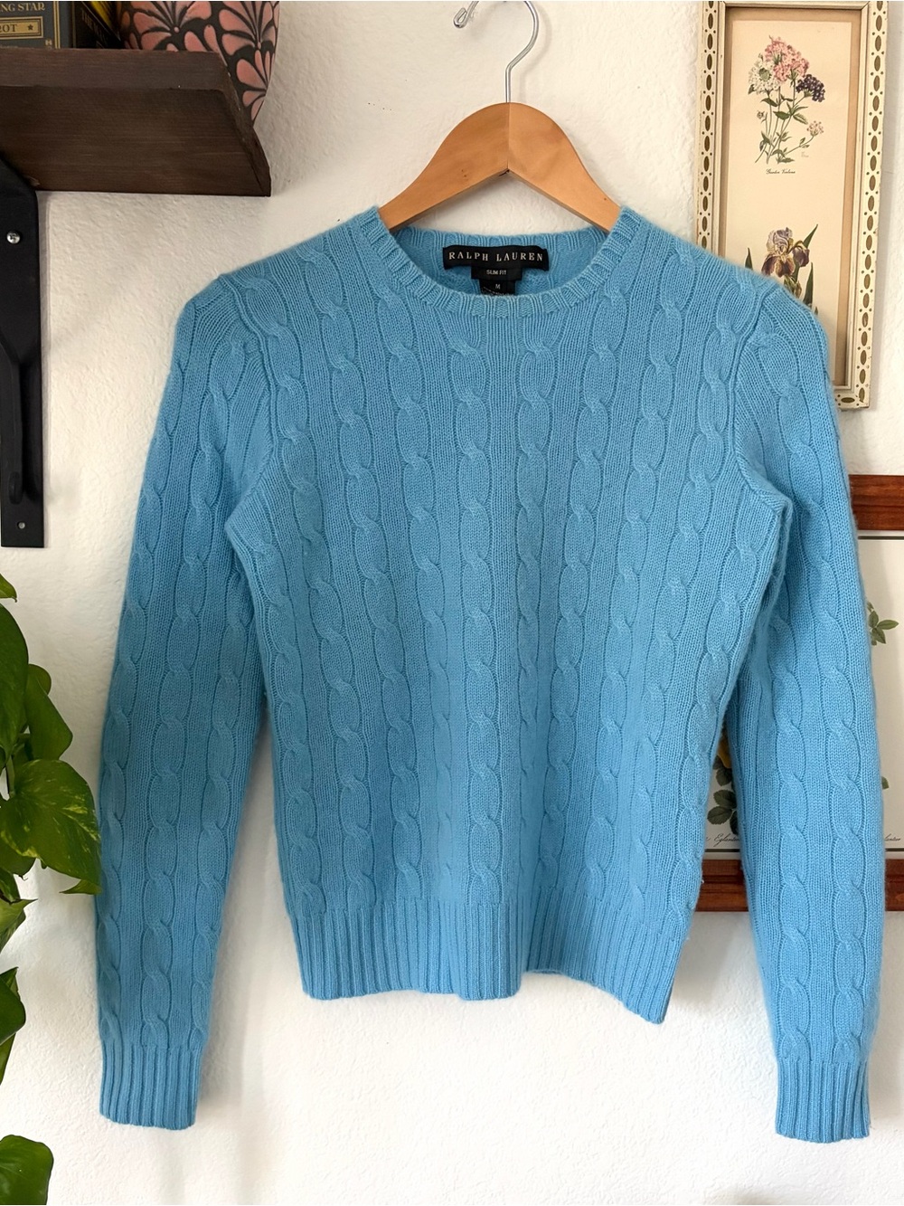 Ralph Lauren Light Blue 100% Cashmere Cable Knit Crewneck Sweater - Medium Slim